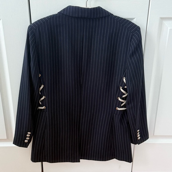 Veronica Beard Taylor Lace Up Side Tie Blazer in Navy Pinstripe - Picture 3 of 4